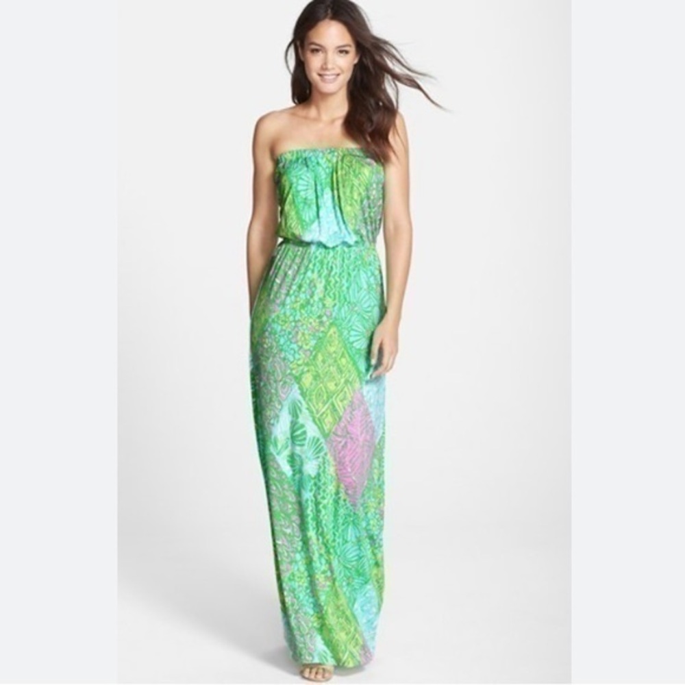 Lilly Pulitzer print Jersey strapless blouson maxi dress in multi sundress S